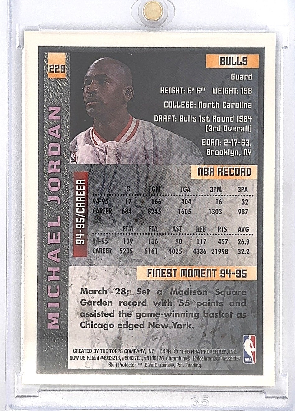 1995 Finest Michael Jordan [w/ Coating] #229 — back