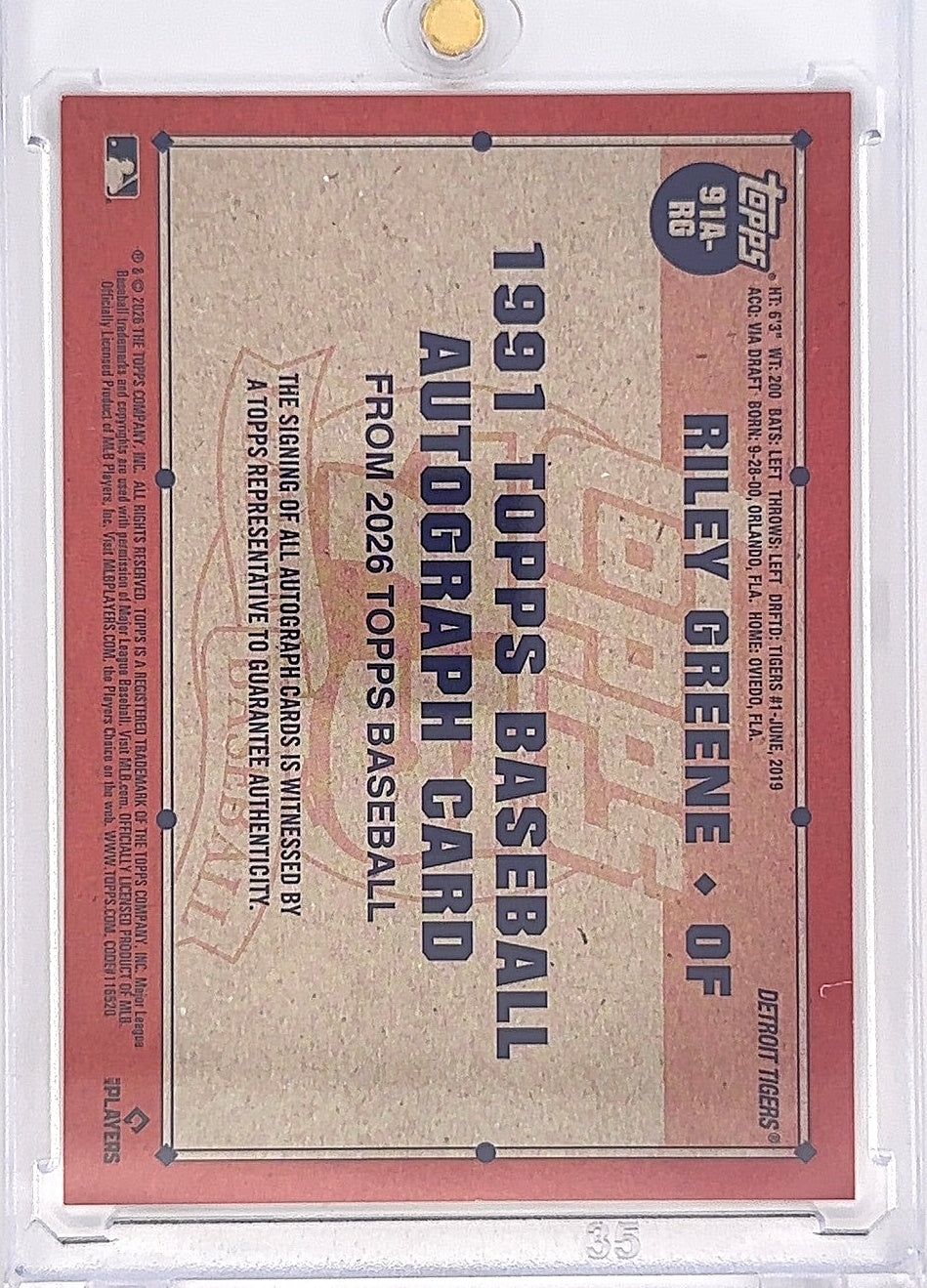 2026 Topps Update 1991 Autograph Riley Greene #91A-RG — back