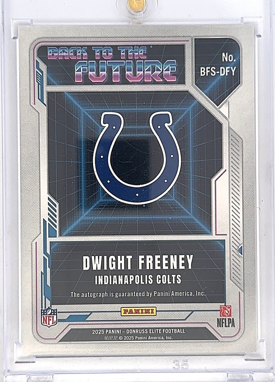2025 Panini Donruss Elite Back to the Future Signature Dwight Freeney [Black] #BFS-DFY — back