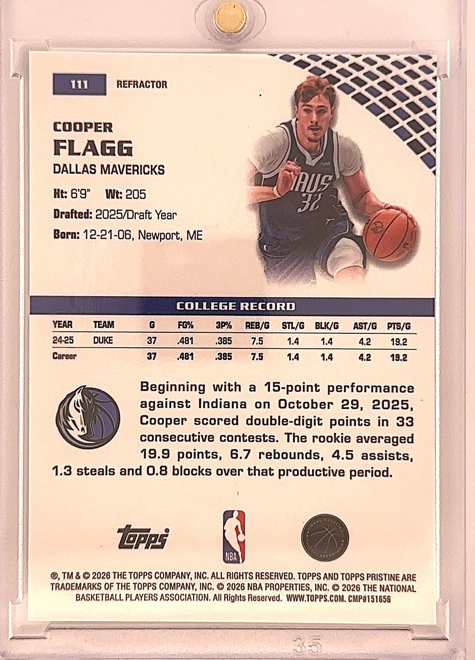 2025 Topps Pristine Cooper Flagg [Refractor] #111 — back