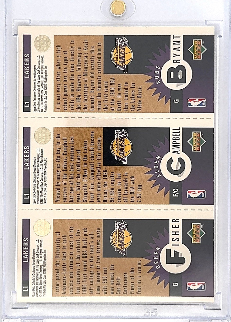1996 Collector's Choice Lakers Team Set Bryant, Campbell, Fisher, Gold RC #L1 — back