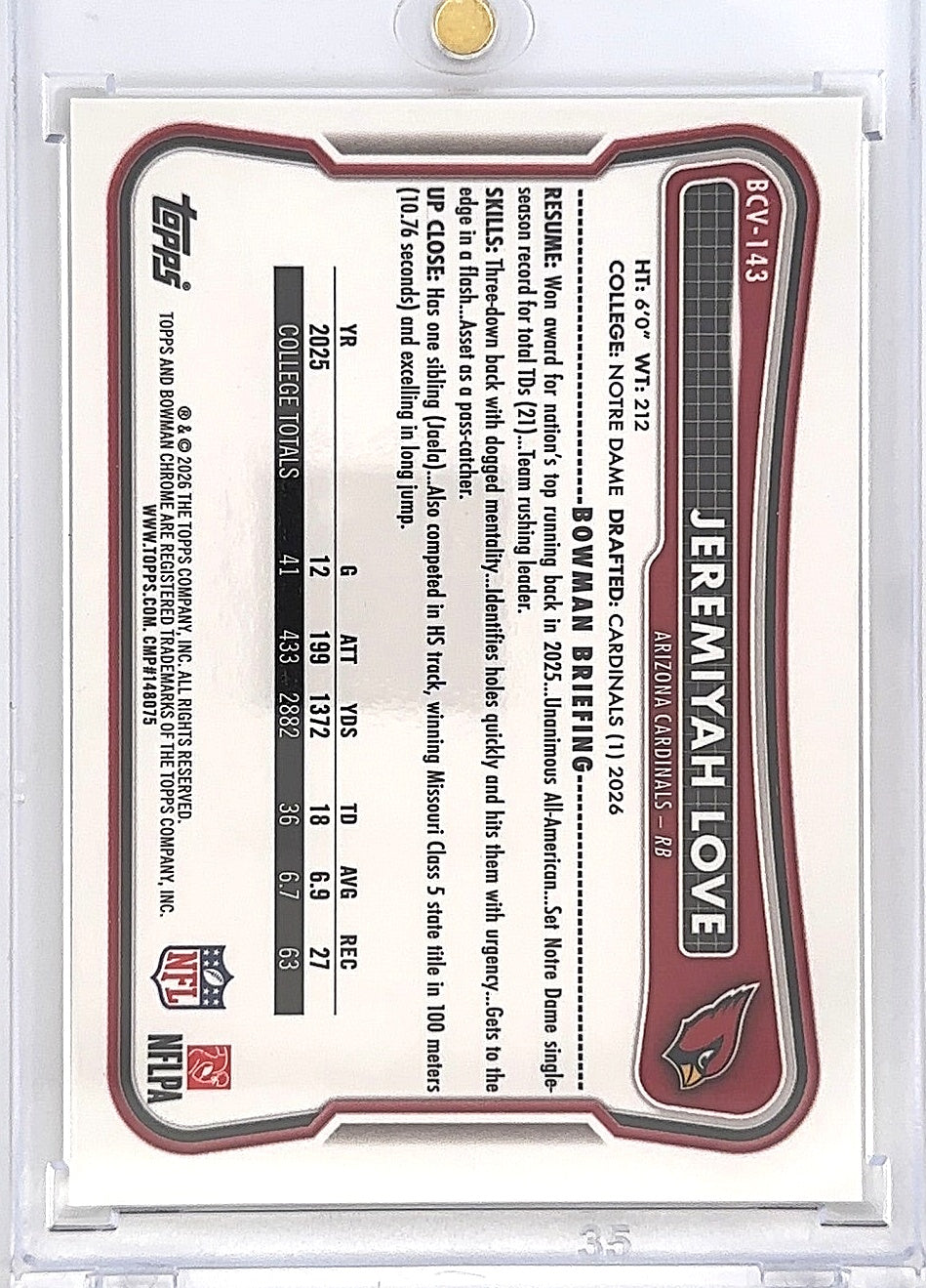 2026 Bowman Chrome NFL Jeremiyah Love [Yellow Refractor] #BCV-143 — back