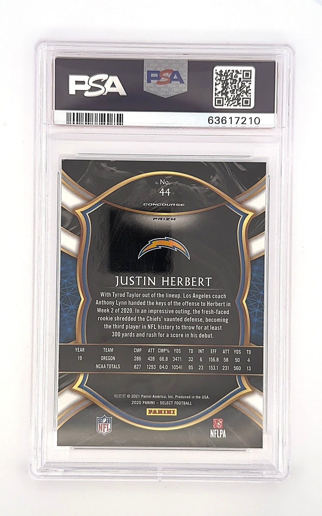 2020 Panini Select Justin Herbert [Silver Prizm] #44 PSA 10 — back