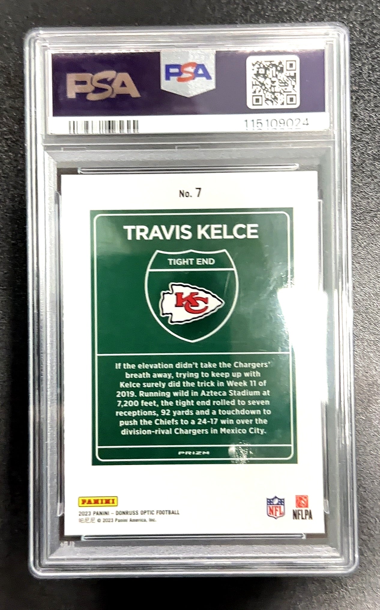 2023 Panini Donruss Optic International Downtown Travis Kelce #7 PSA 10 — back