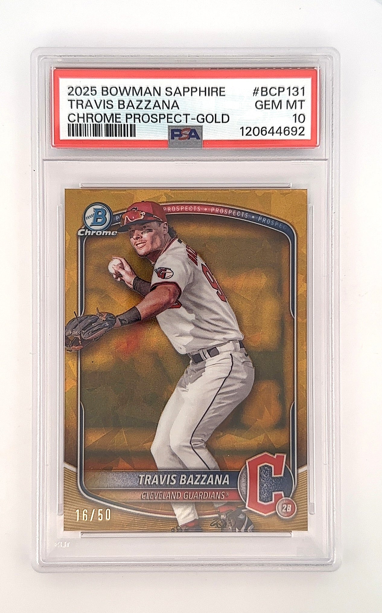 Travis Bazzana 2025 Bowman Sapphire Chrome Prospect- Gold PSA GEM MT 10 — front