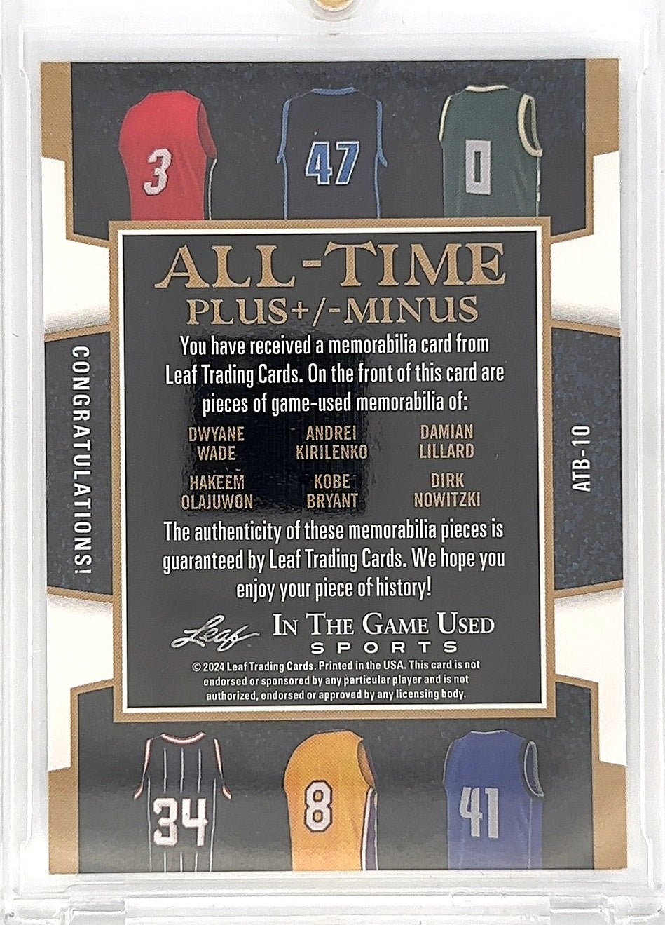 D. Wade / A. Kirilenko/ D. Lillard/ H. Olajuwon/ K. Bryant/ D. Nowitzki Leaf In The Game Used All-Time Box Plus/Minus Rainbow Holofoil #ATB-10 25/40 — back