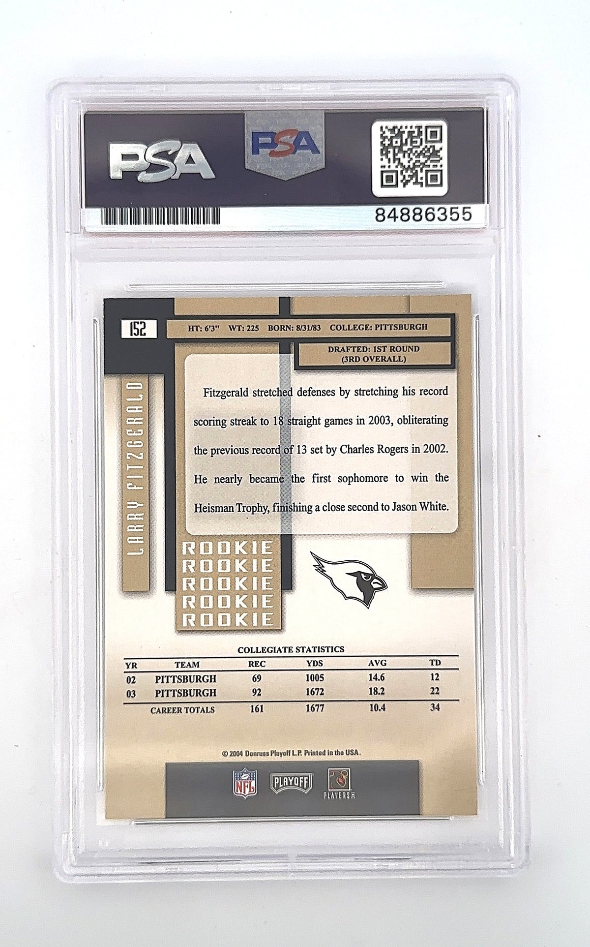 2004 Playoff Prestige Larry Fitzgerald #152 PSA Certified Authentic Autograph — back