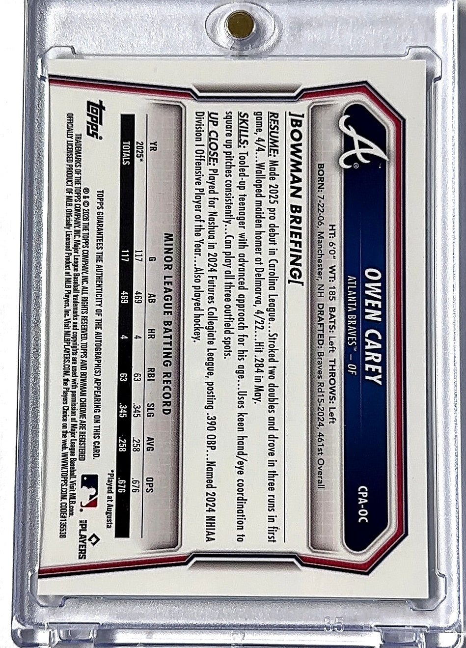 2026 Bowman Chrome Prospect Autograph Owen Carey [Packfractor] #CPA-OC AUTO — back