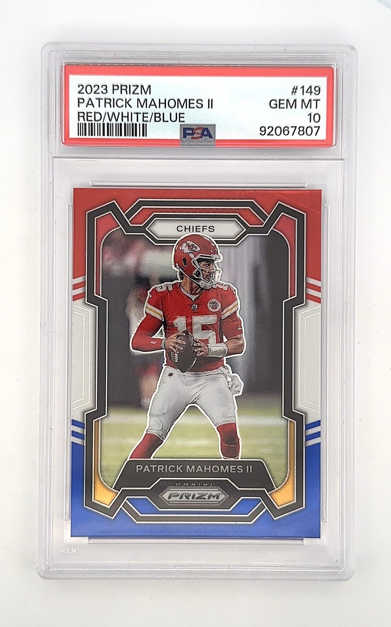 2023 Panini Prizm Patrick Mahomes II [Red White Blue] #149 PSA 10 — front