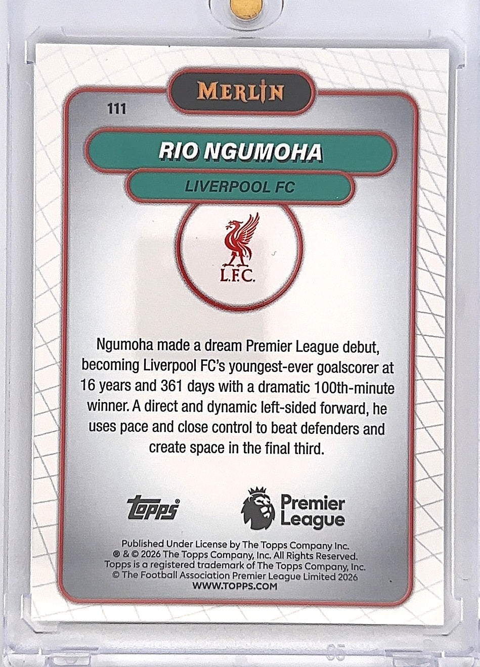 2026 Topps Merlin Premier League Rio Ngumoha rookie [Purple refractor] #111 57/75 — back