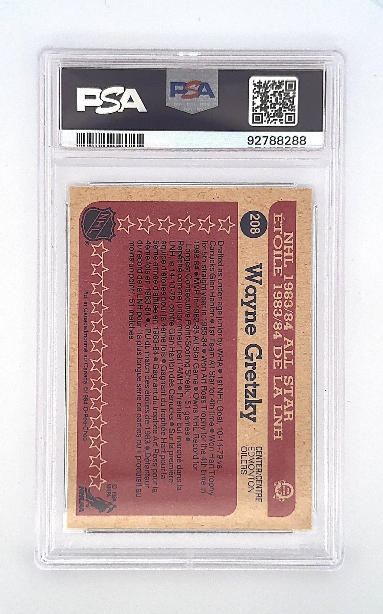 1984 Wayne Gretzky O-PEE-CHEE All Star #208 PSA MINT 9 — back