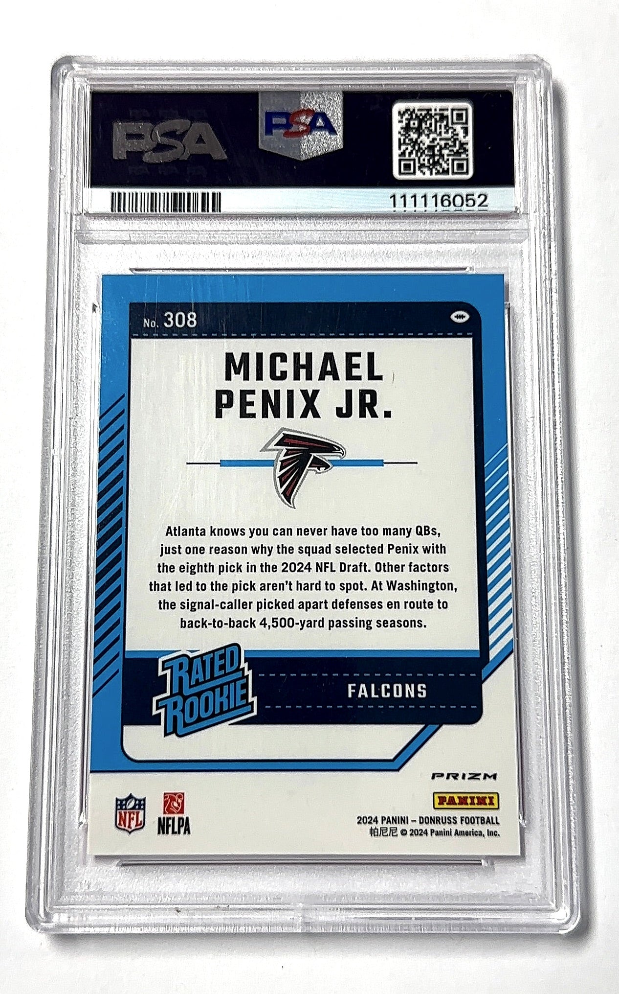 2024 Panini Donruss Michael Penix Jr. [Pink Optic Preview] #308 RC PSA 10 — back