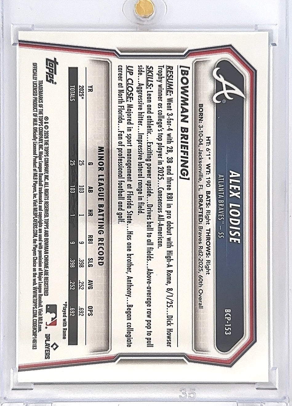 2026 Bowman Chrome Prospect Alex Lodise [Steel Metal Refractor] #BCP-153 — back