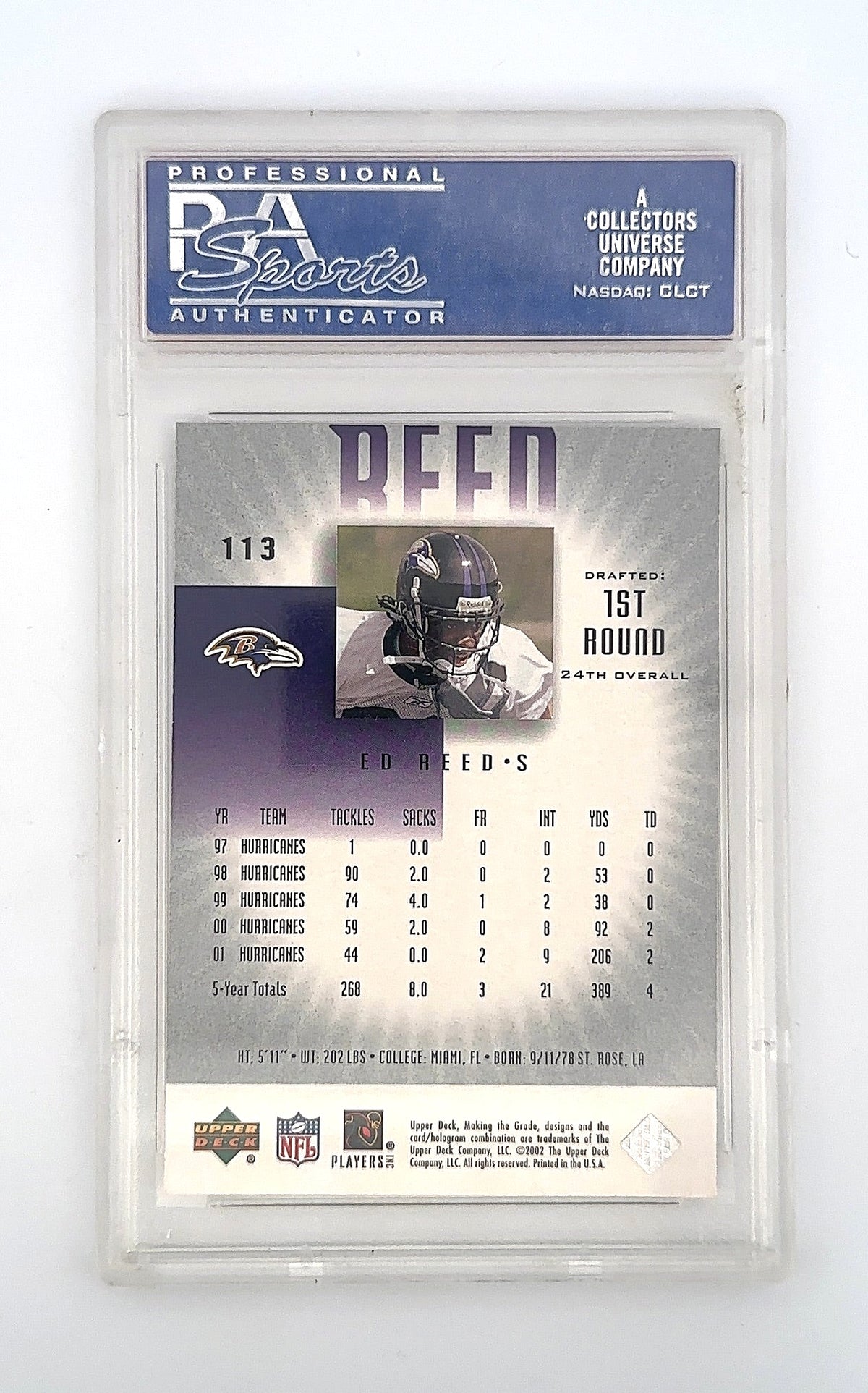 2002 Upper Deck Graded Ed Reed [Making the Grade RC Lev.1] #113 PSA 10 531/700 — back