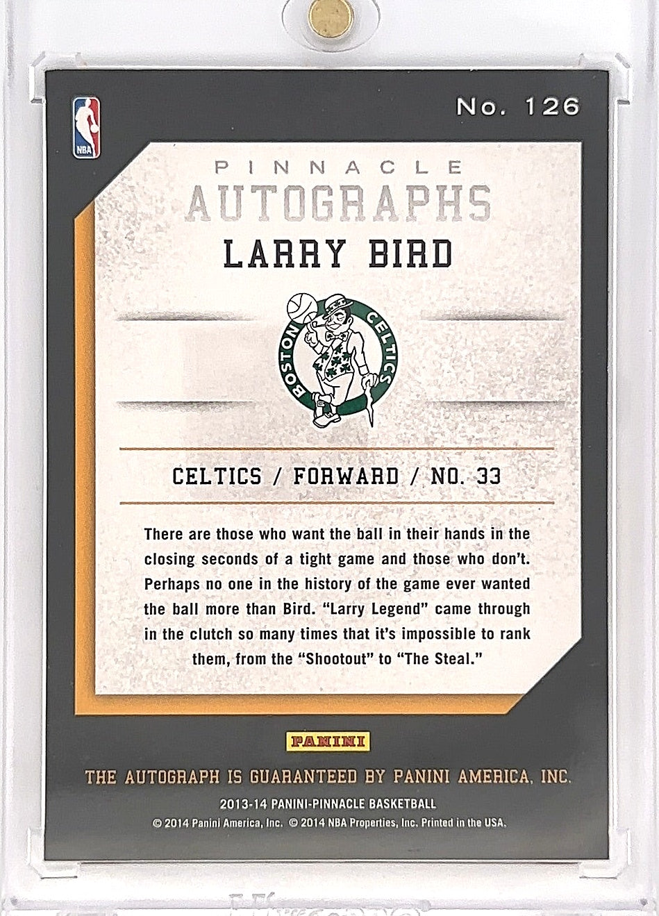2013-14 Larry Bird Pinnacle Autographs #126 — back