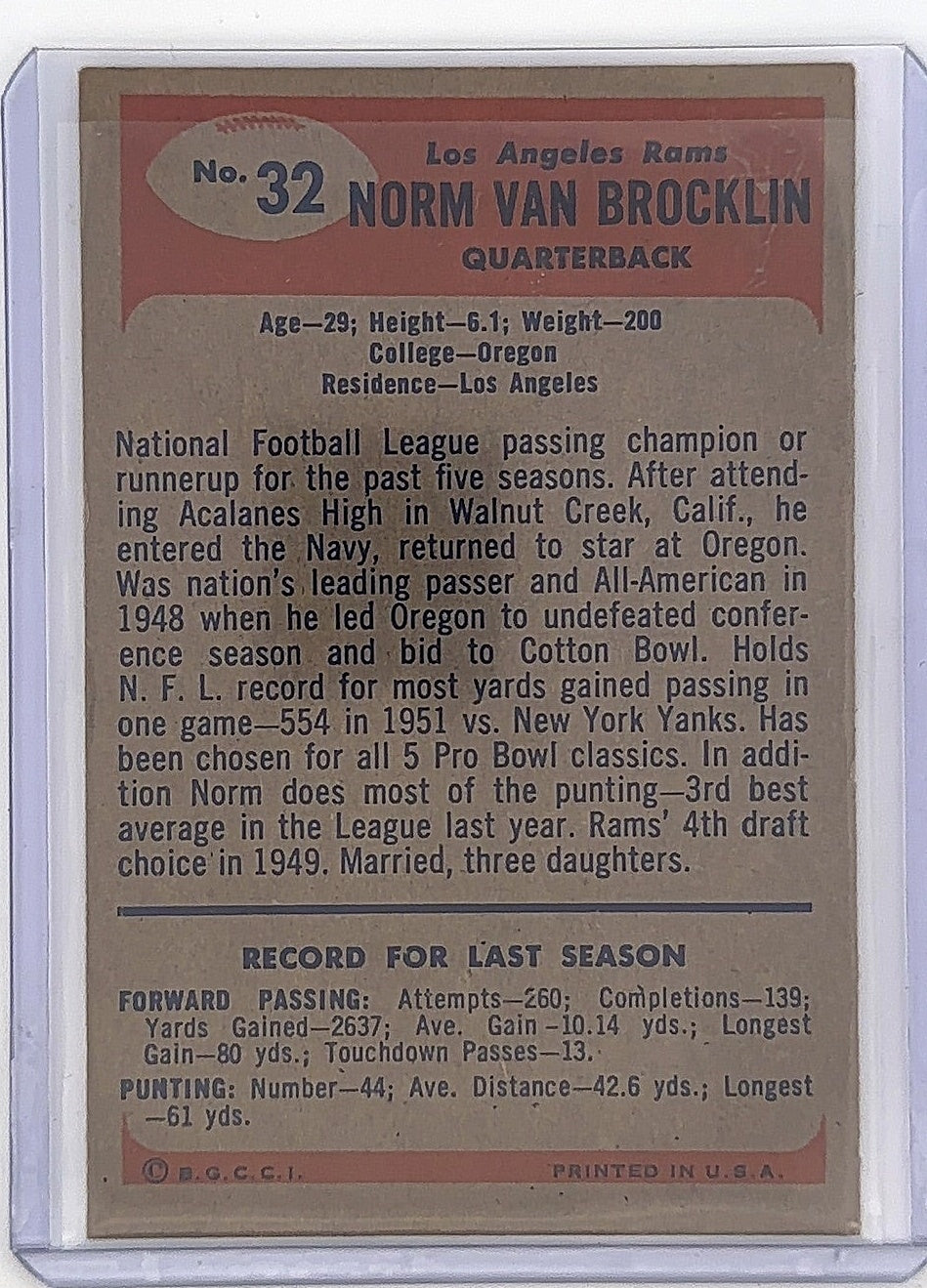 1955 Bowman Norm Van Brocklin #32 — back