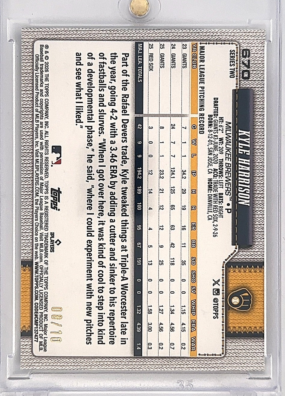 2026 Topps Series 2 Kyle Harrison [Holo Foil Black] #670 — back