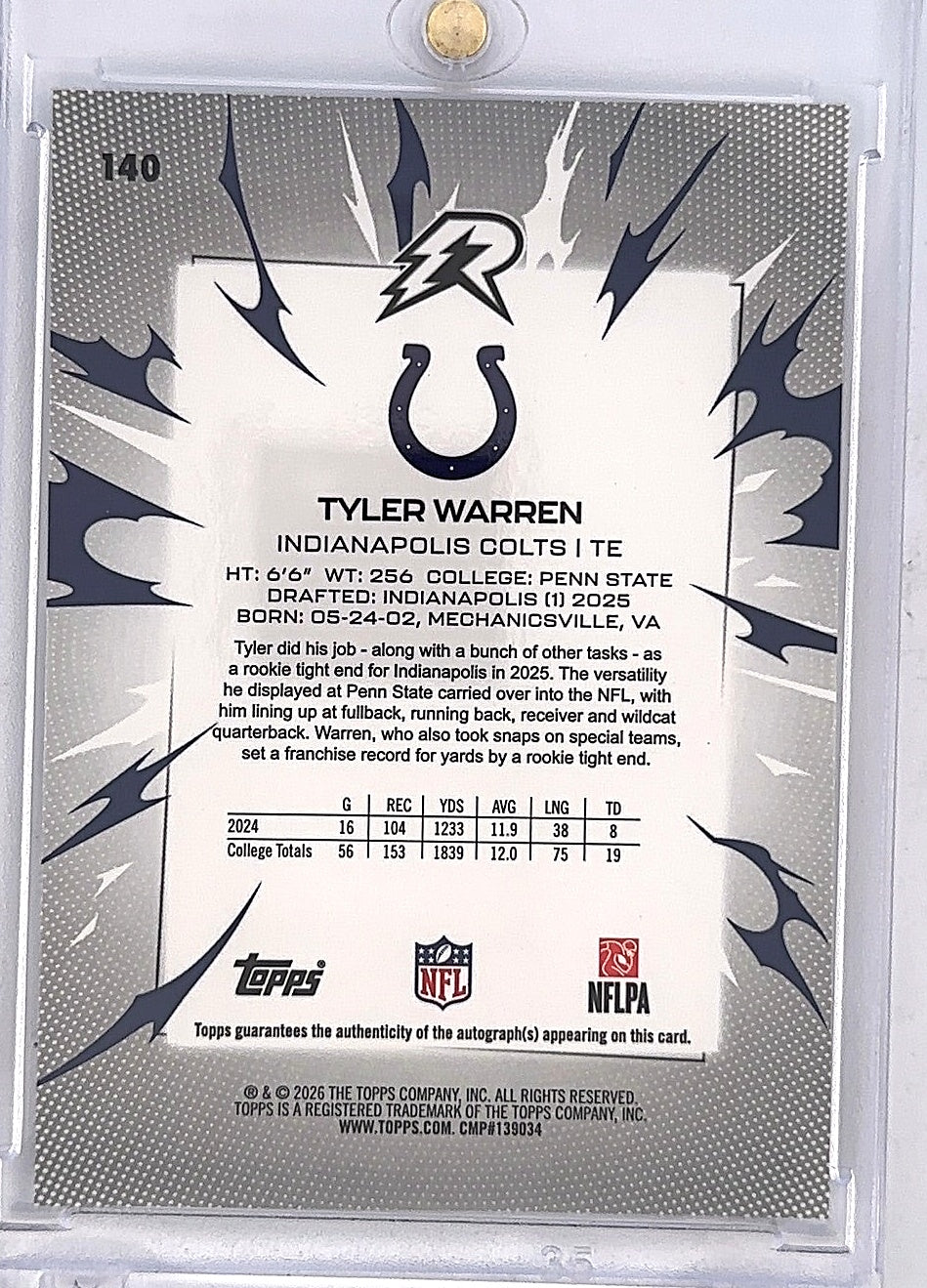 2025 Topps Resurgence Tyler Warren [Blue Surge Signature] #140 — back