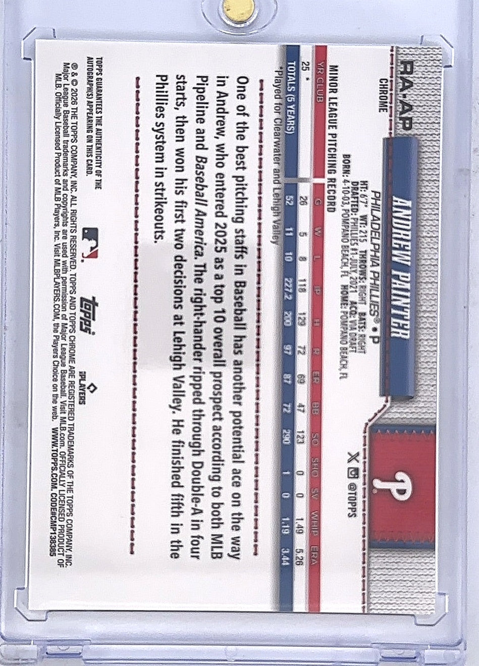 Andrew Painter Topps Certified Autograph RA-AP — back