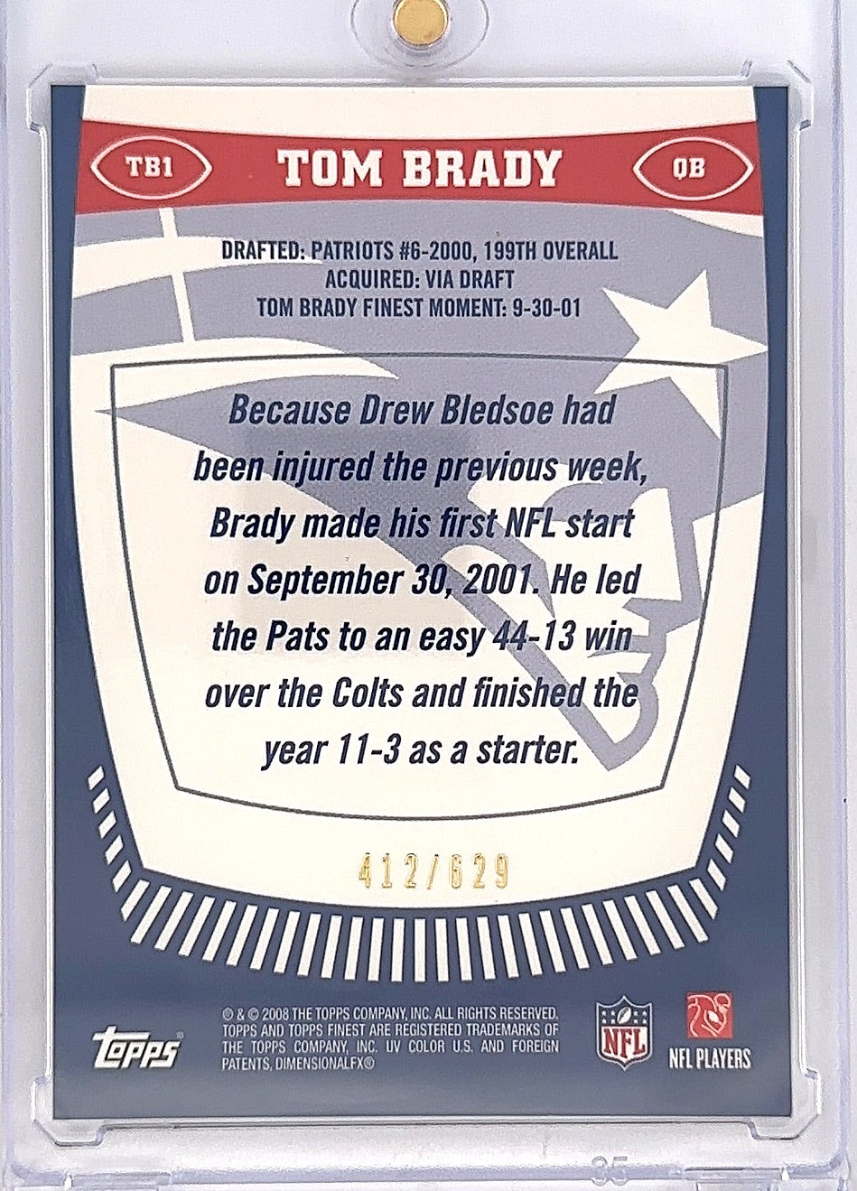 2008 Topps Finest Tom Brady Moments Tom Brady #TB1 — back