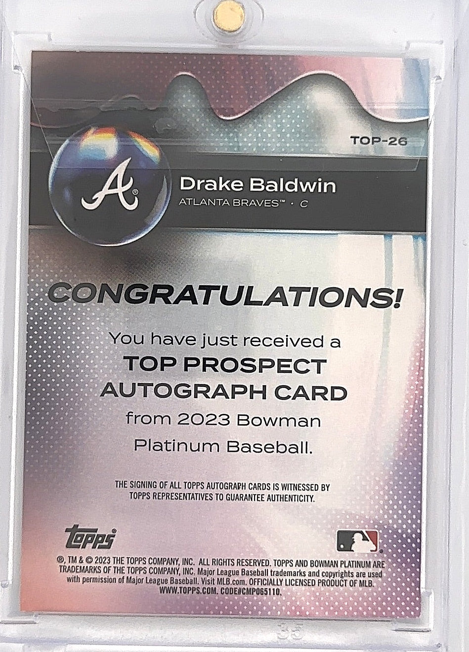 2023 Bowman Platinum Top Prospects Drake Baldwin [Autograph] #TOP-26 — back