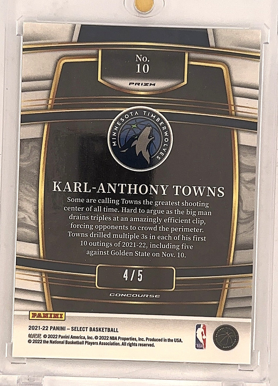 Karl-Anthony Towns #10 2021 Select Panini Basketball 4/5 — back