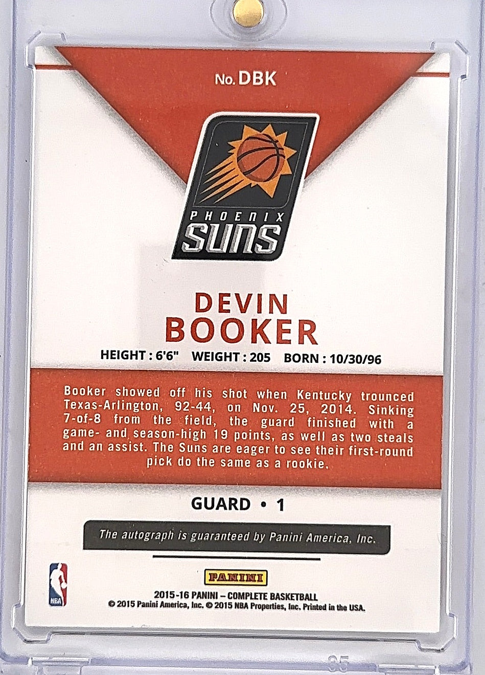 2015 Panini Complete Autographs Devin Booker #DBK — back