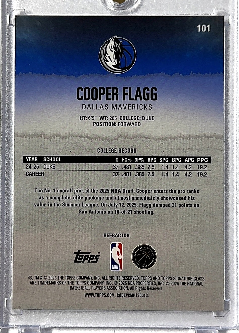 2025 Topps Signature Class Cooper Flagg [Refractor Chrome] #101 RC — back