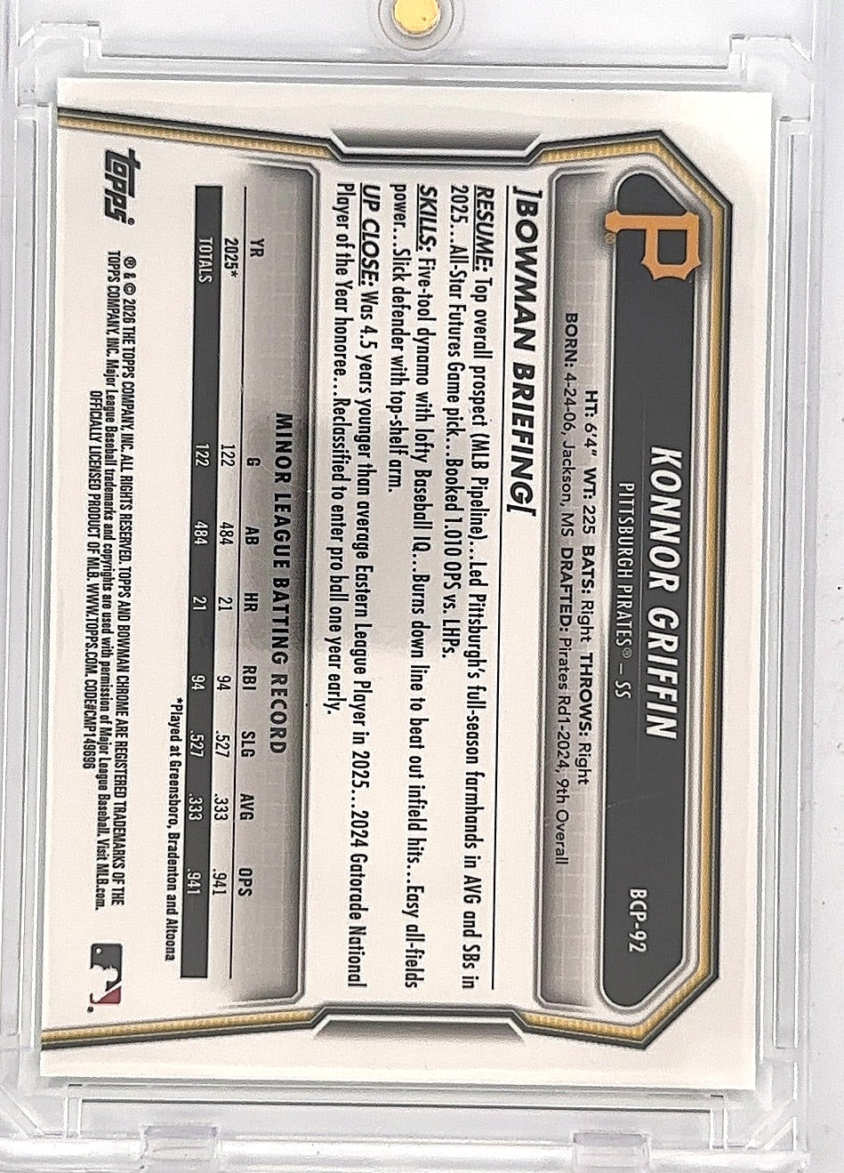 2026 Bowman Chrome Prospect Konnor Griffin [Green Mojo Refractor] #BCP-92 — back