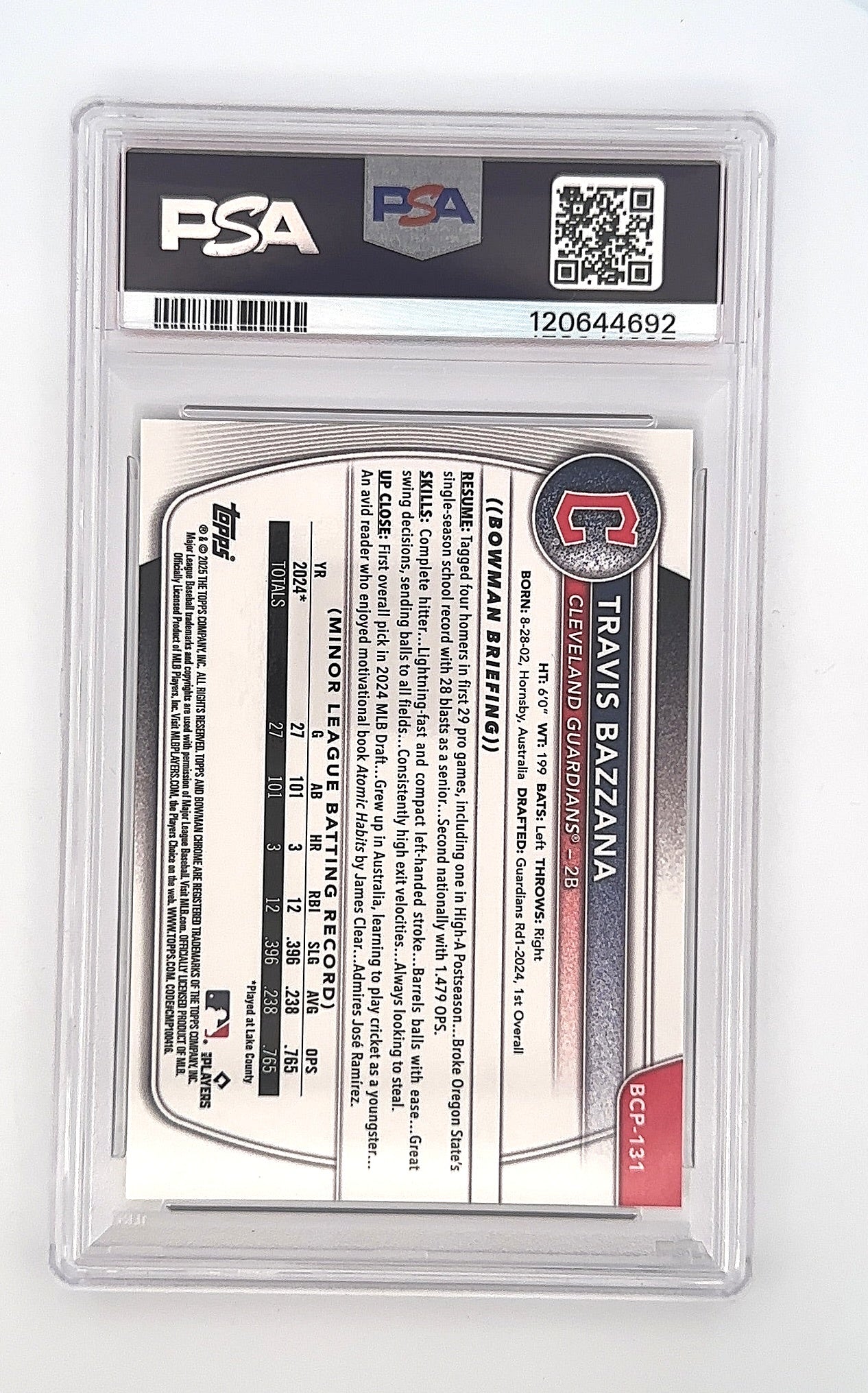 Travis Bazzana 2025 Bowman Sapphire Chrome Prospect- Gold PSA GEM MT 10 — back
