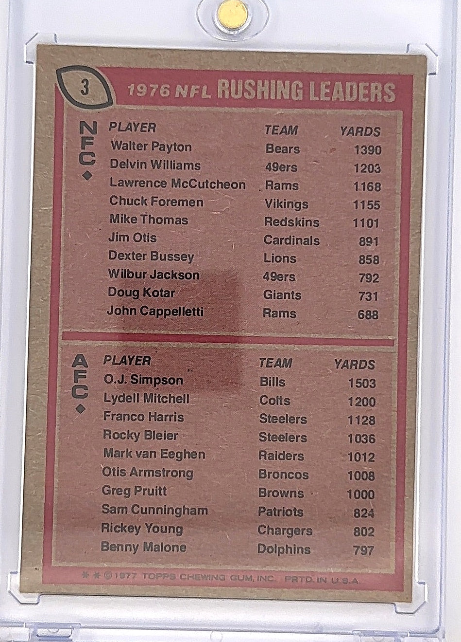 Walter Payton & O.J. Simpson 1976 NFL Rushing Leaders #3 — back
