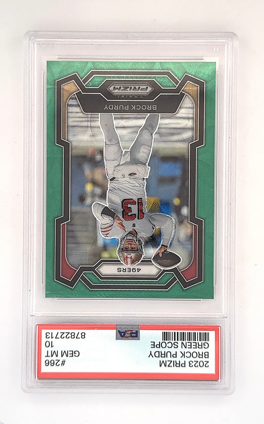 2023 Panini Prizm Brock Purdy [Green Scope] #266 PSA 10 — front