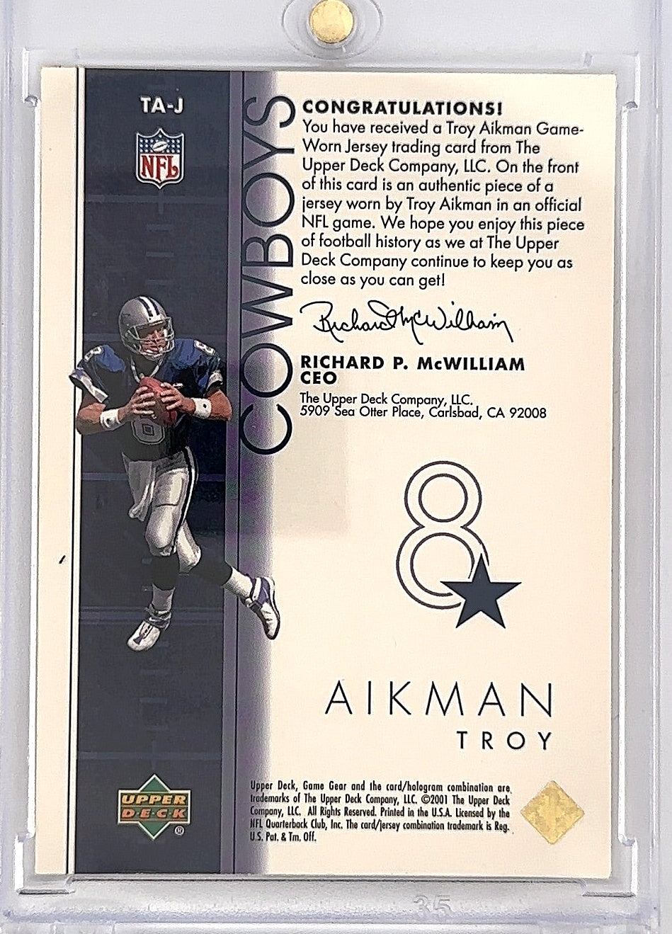 Troy Aikman Game Jersey Upper Deck — back
