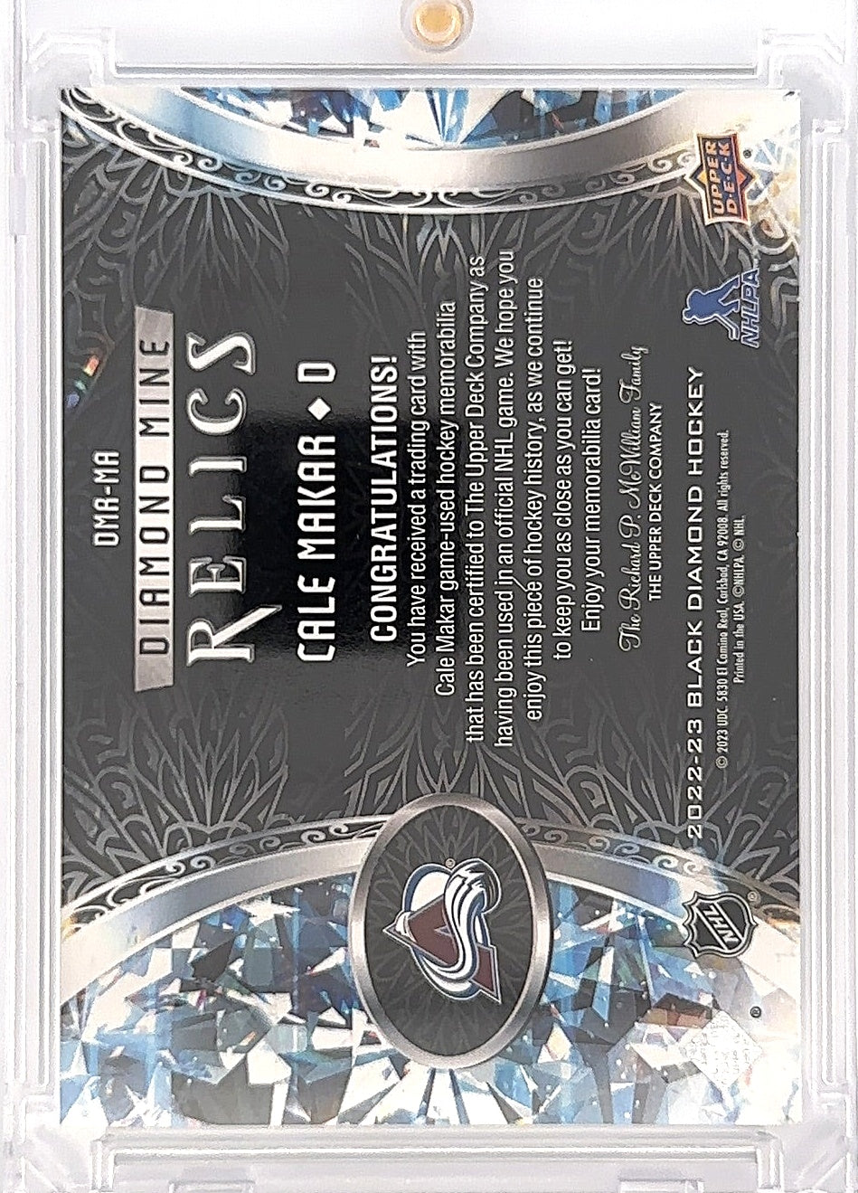 2022-23 Black Diamond Hockey Cale Maker Jersey Patch DMR-MA — back