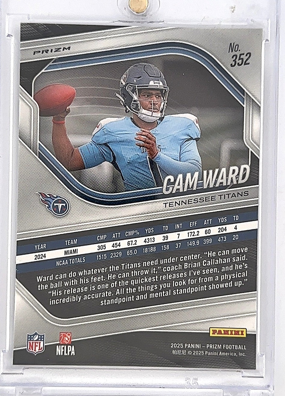 2025 Panini Prizm No Huddle Cam Ward [White] #352 — back