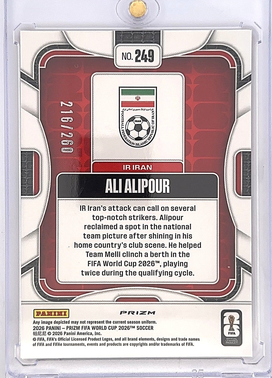 Ali Alipour Panini World Cup 2026 Rookie Card #249 216/260 — back