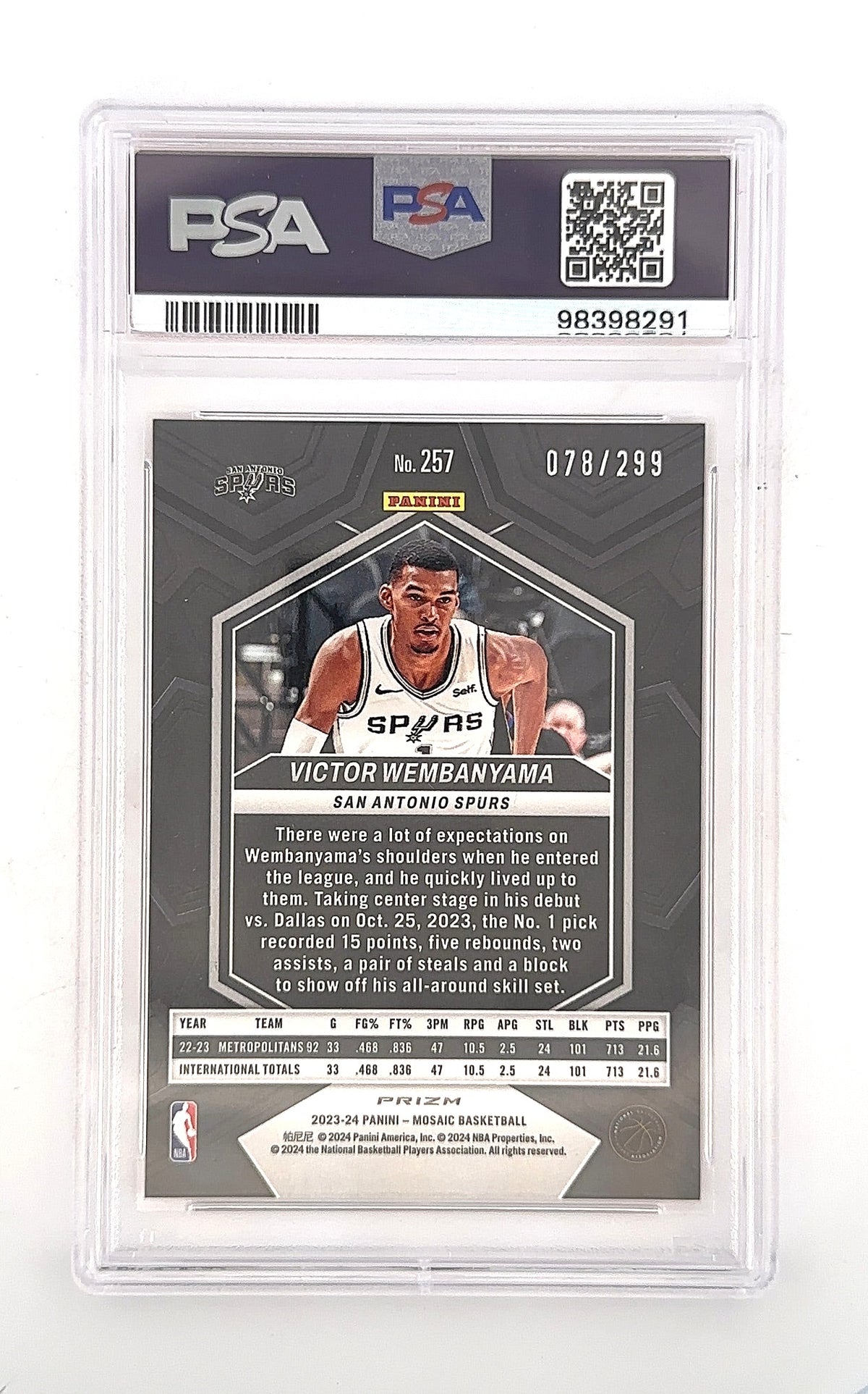 2023 Panini Mosaic Victor Wembanyama [Red Seismic] #257 PSA 9 /299 — back