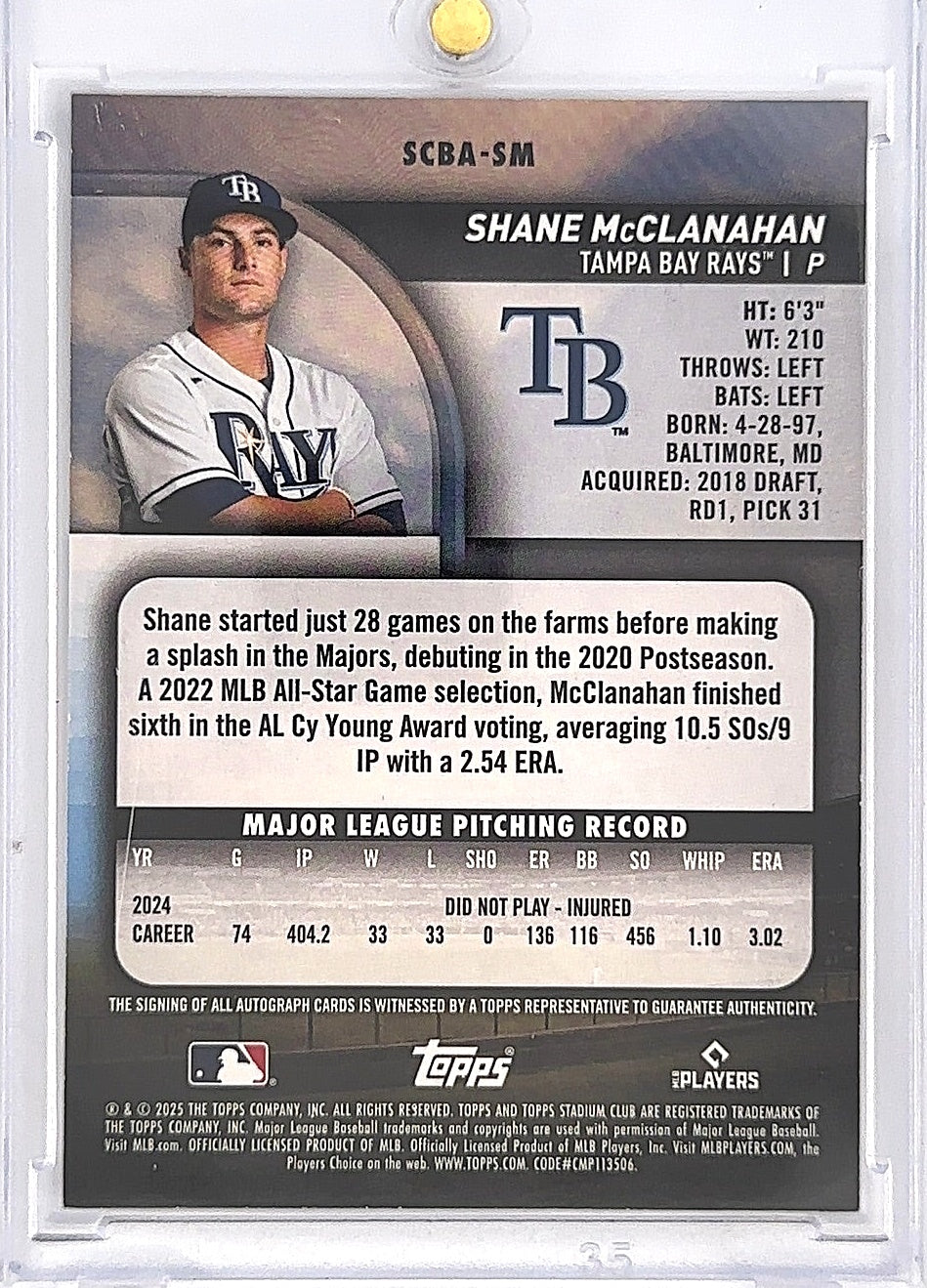 2025 Topps Stadium Club Autograph Shane McClanahan #SCBA-SM — back