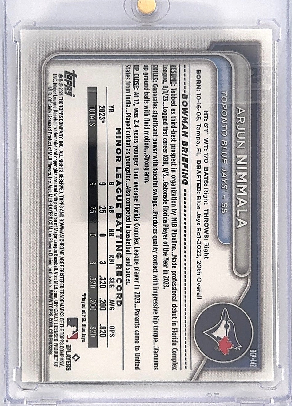 2024 Bowman Chrome Prospects Arjun Nimmala [Mojo Navy] #BCP-142 — back