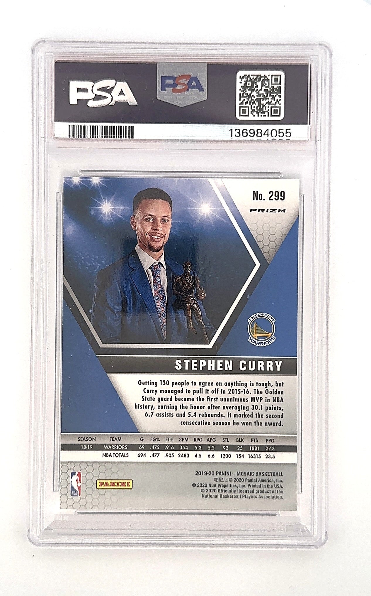 2019 Panini Mosaic Stephen Curry [Silver Prizm] #299 PSA 9 — back