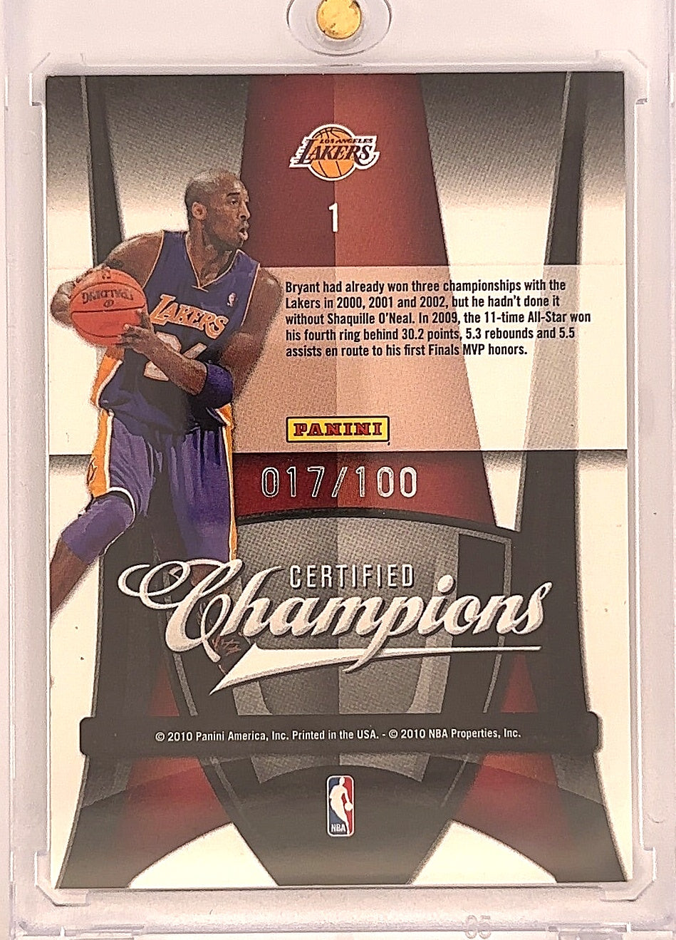 2010 Certified Champions Kobe Bryant #1 /100 — back