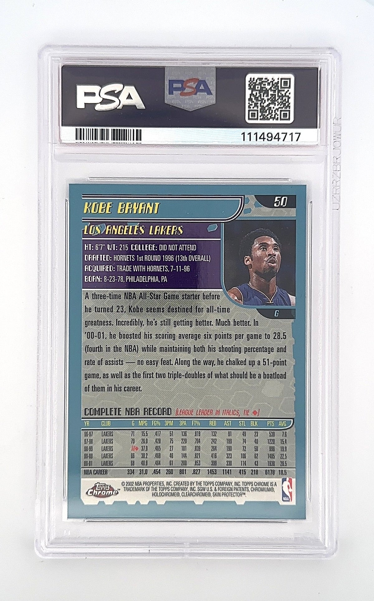 2001 Topps Chrome Kobe Bryant #50 PSA 9 — back