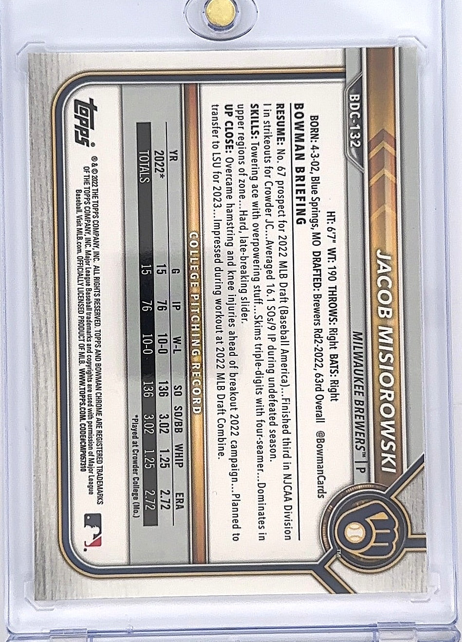 2022 Bowman Draft 1st Edition Jacob Misiorowski #BD-132 — back