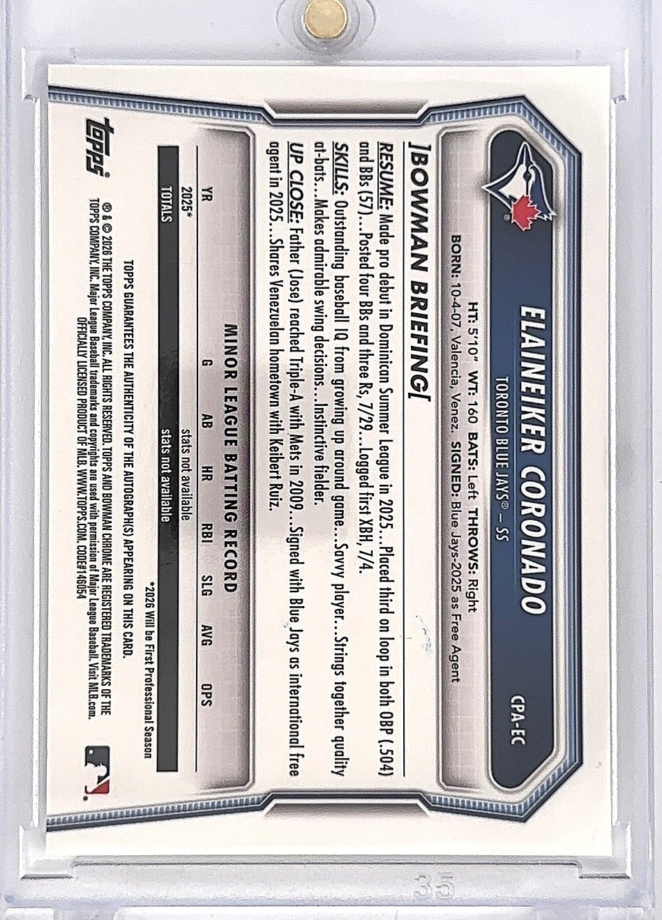 2026 Bowman Chrome Prospect Autograph Elaineiker Coronado #CPA-EC — back