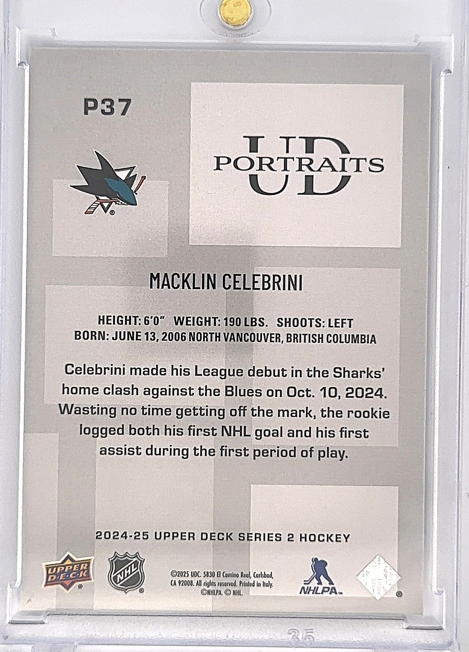 2024-25 Upper Deck Series 2 Hockey Macklin Celebrini Portraits P37 — back