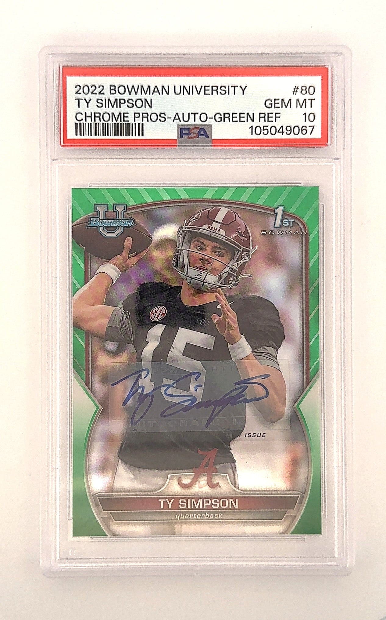 2022 Bowman Chrome University Ty Simpson [Autograph Green] #80 PSA 10 — front
