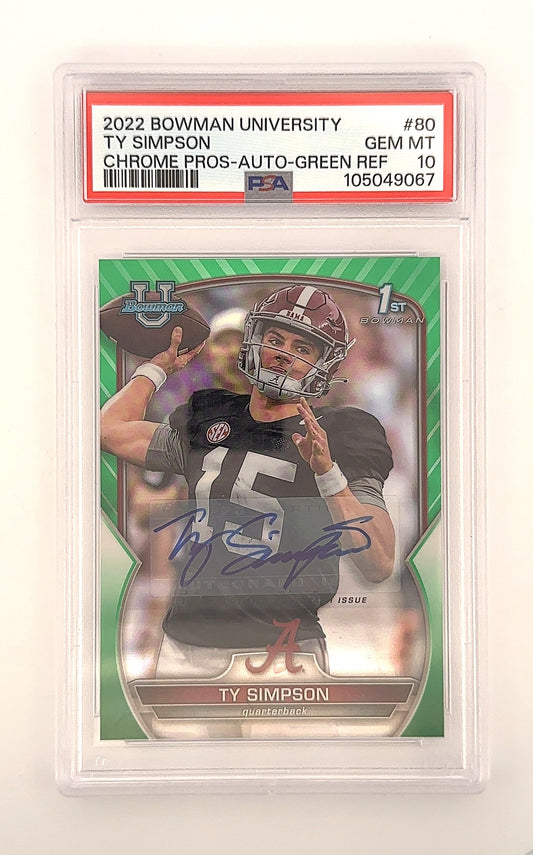 2022 Bowman Chrome University Ty Simpson [Autograph Green] #80 PSA 10 — front