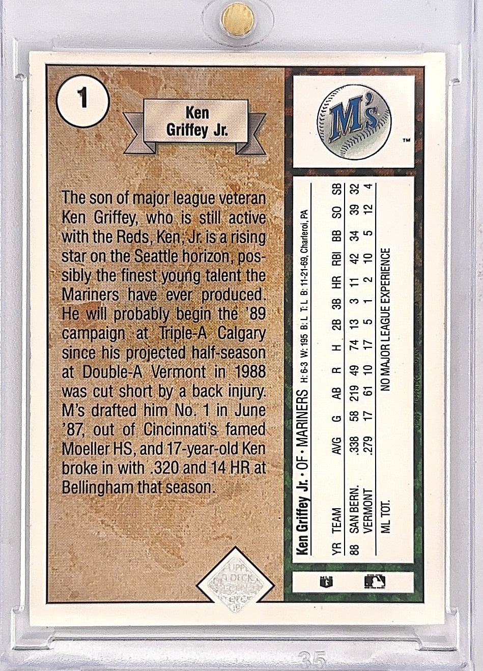 1989 Upper Deck Ken Griffey Jr. [Star Rookie] #1 — back