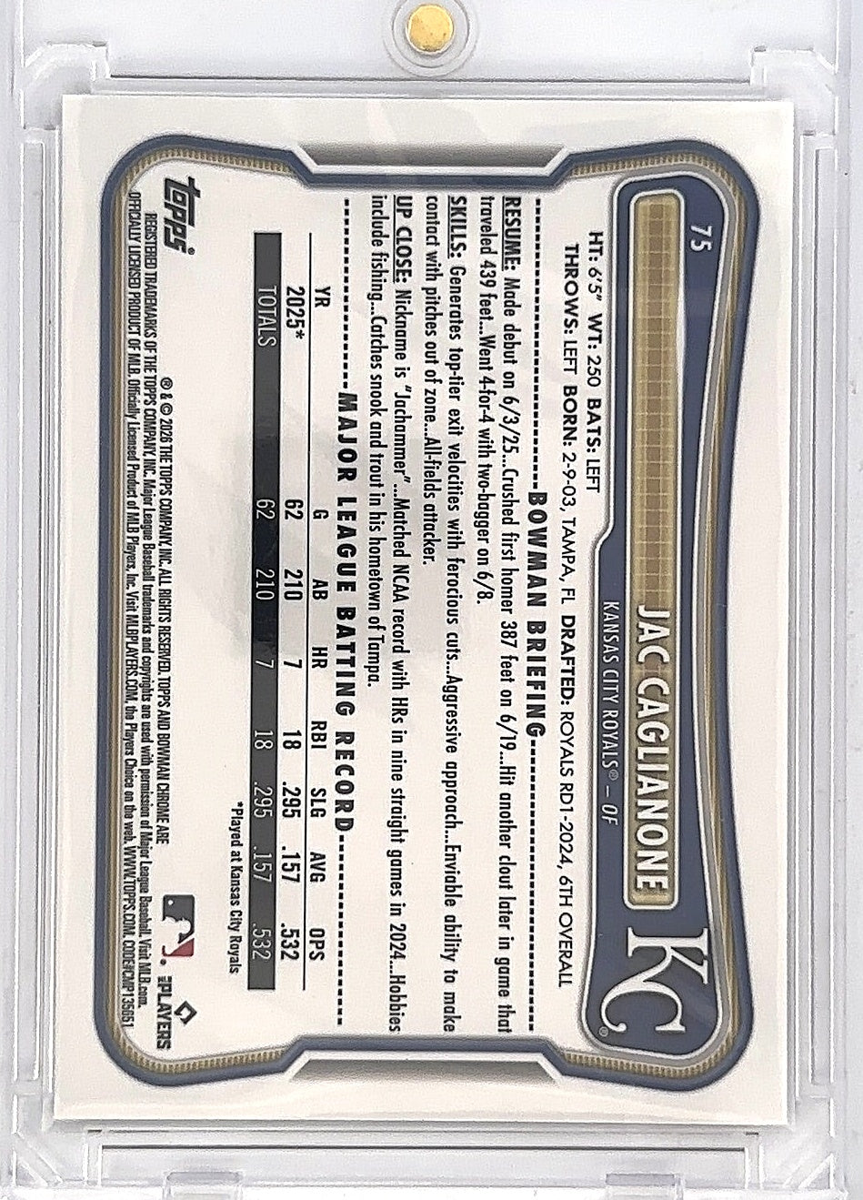 2026 Bowman Jac Caglianone [Purple Mojo] #75 — back