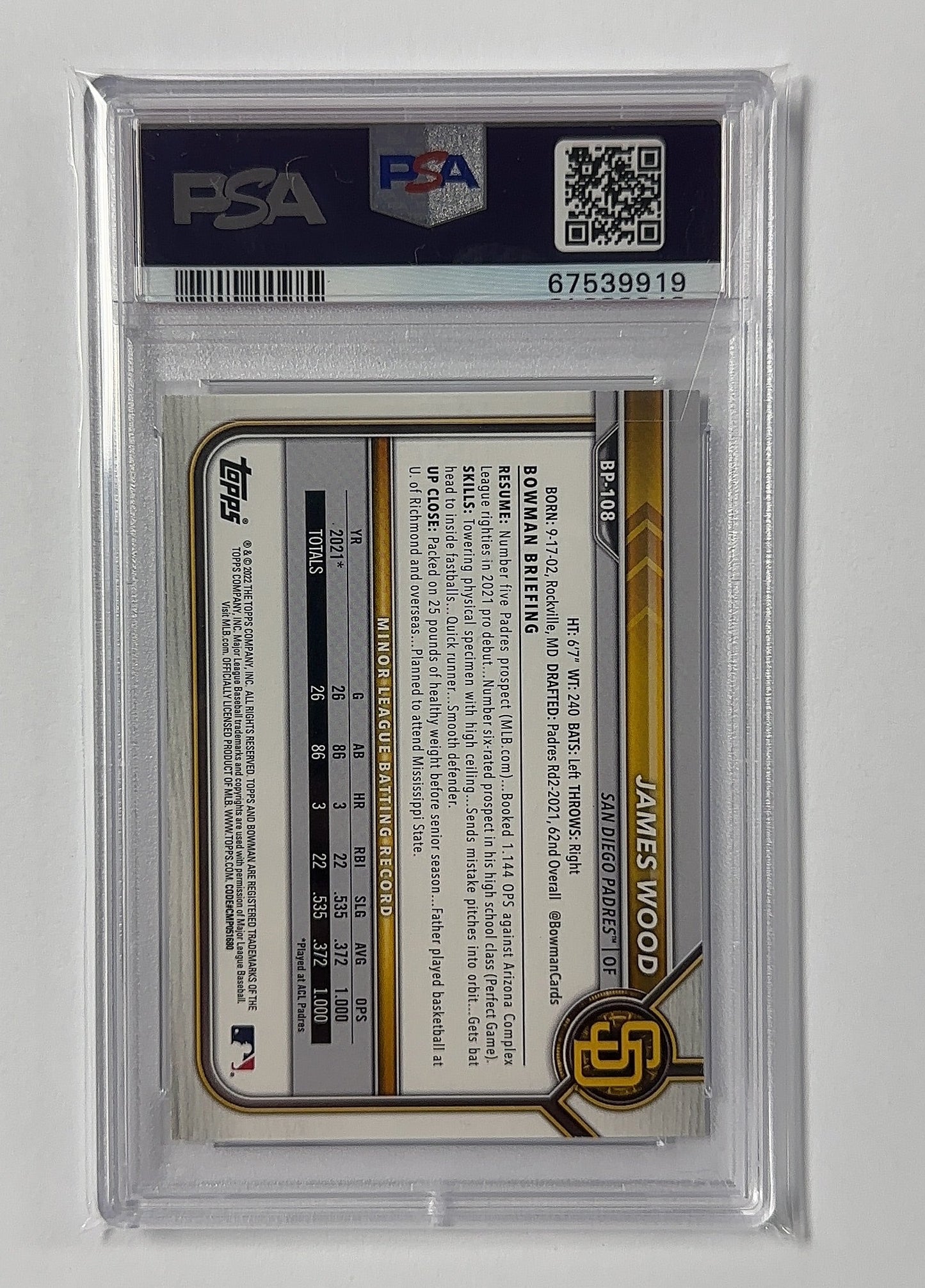 James Wood - PSA 10 Paper Prospects — back